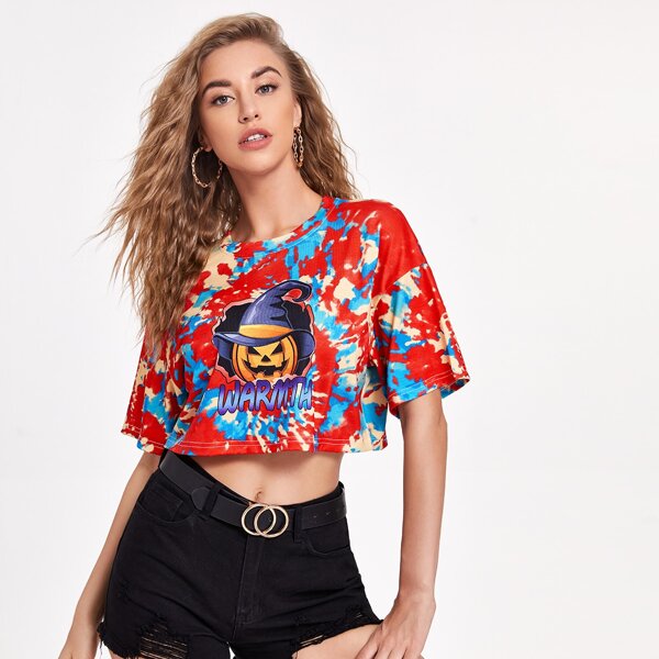 

Halloween And Tie Dye Print Crop Tee, Multicolor