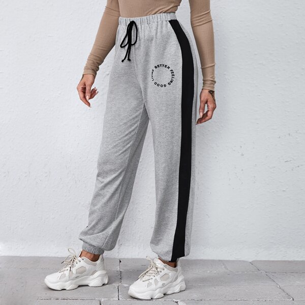 

Letter Graphic Contrast Side Seam Drawstring Sweatpants, Light grey
