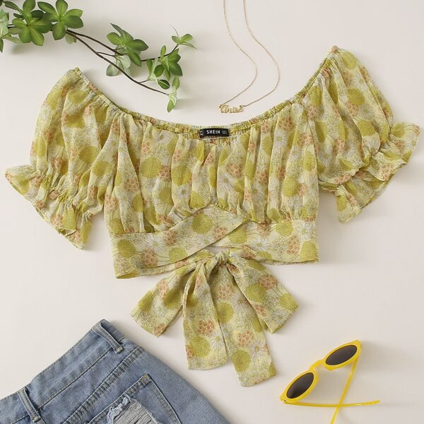 

Off Shoulder Tied Shirred Back Crop Top, Multicolor