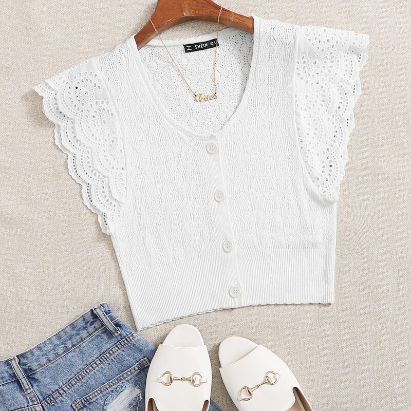 

Schiffy Sleeve Buttoned Front Pointelle Knit Top, White