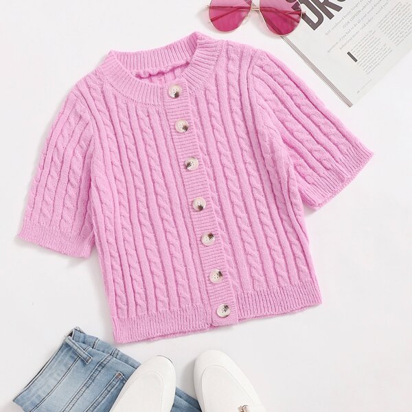 

Button Placket Cable Knit Cardigan, Pink bright