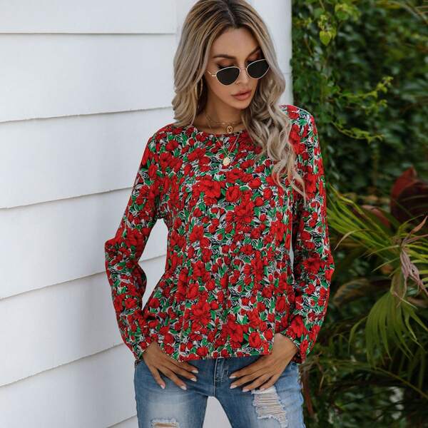 

Allover Floral Ruffle Hem Blouse, Multicolor