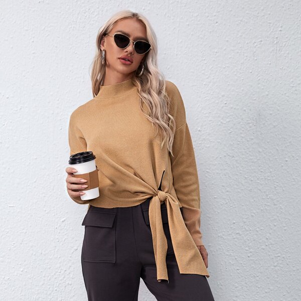 

Mock-Neck Drop Shoulder Knot Front Sweater, Camel