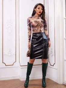 SHEIN BAE Marble Print Sheer Lettuce-Edge Top - Multicolor - View 3