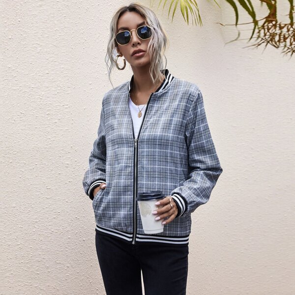 

Plaid Contrast Striped Trim Bomber Jacket, Grey