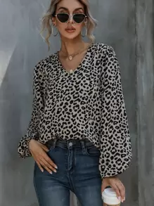 EMERY ROSE 豹纹V领灯笼袖女式秋季上衣