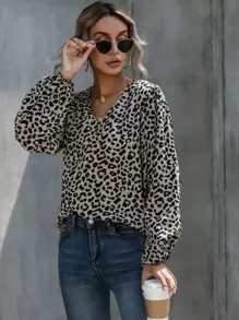 EMERY ROSE 豹纹V领灯笼袖女式秋季上衣