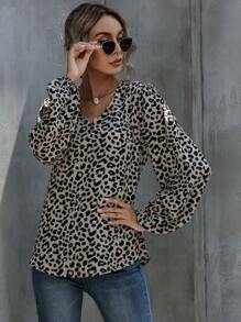 EMERY ROSE 豹纹V领灯笼袖女式秋季上衣