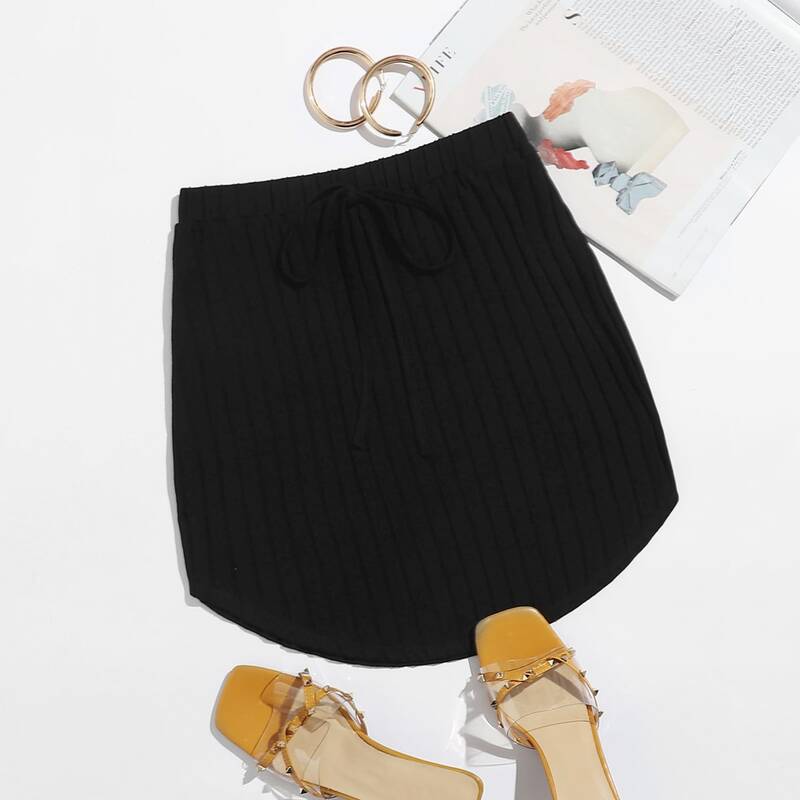 

Knot Front Rib-knit Skirt, Black