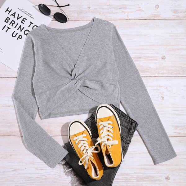 

Twist Front Rib-knit Crop Tee, Grey