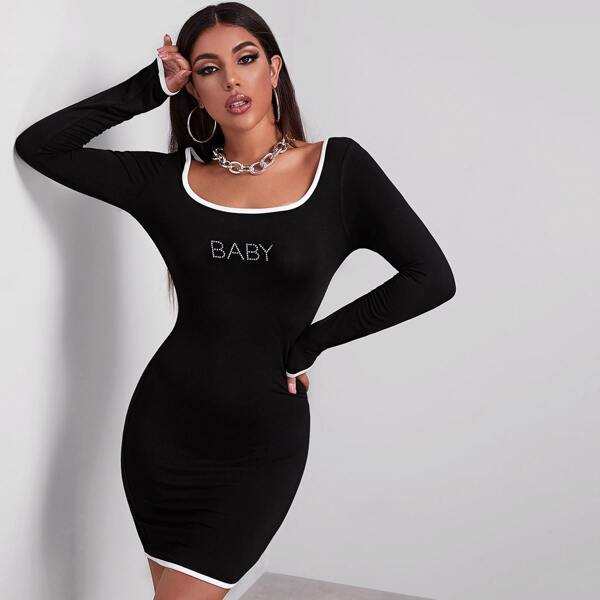 

Contrast Biding Rhinestone Letter Bodycon Dress, Black