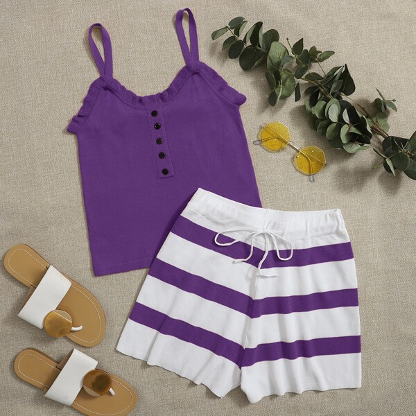 

Frill Trim Cami Top & Drawstring Waist Striped Shorts Set, Violet purple