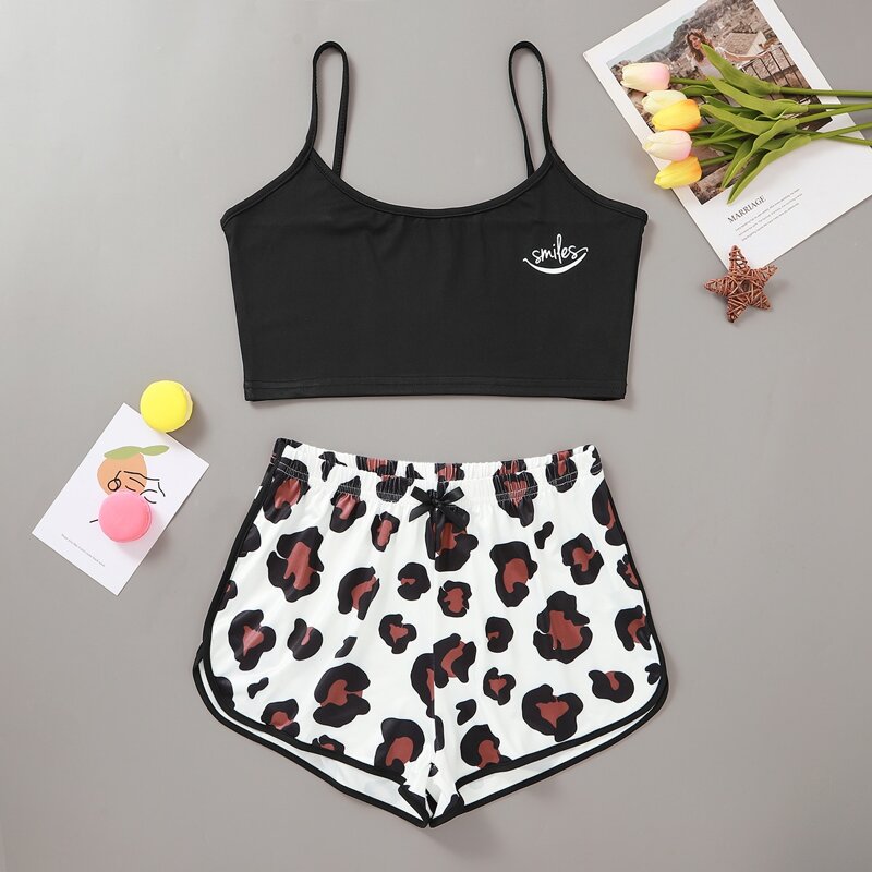 

Letter And Graphic Print Cami PJ Set, Multicolor