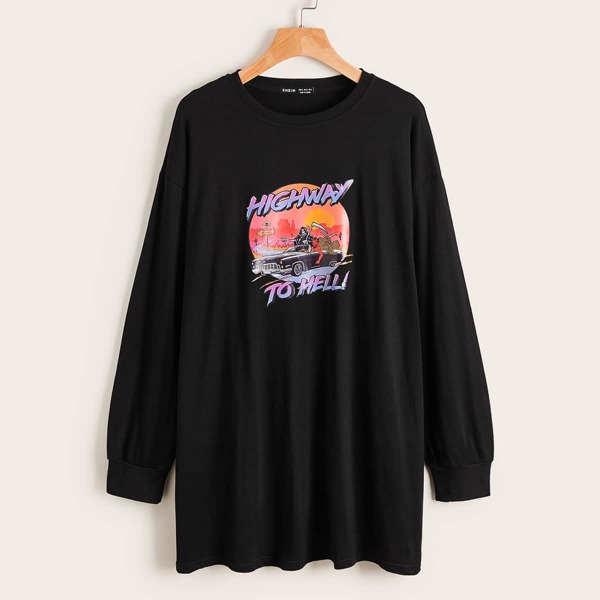 

Graphic Print Drop Shoulder Oversized Longline Pullover, Black