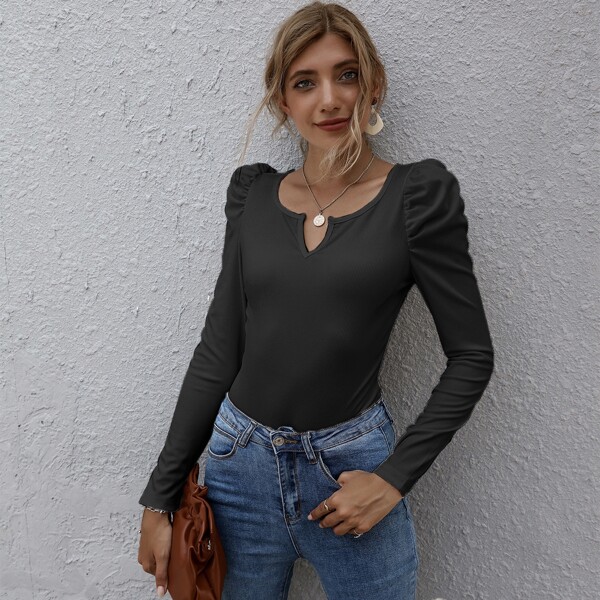

Notch Neck Gigot Sleeve Top, Black