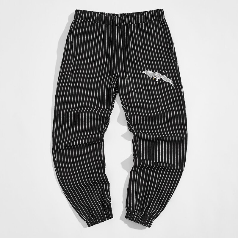 

Guys Crane Embroidery Striped Carrot Pants, Black and white