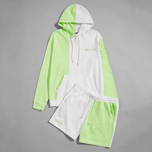 

Men Letter Embroidery Colorblock Hoodie & Track Shorts Set, Multicolor