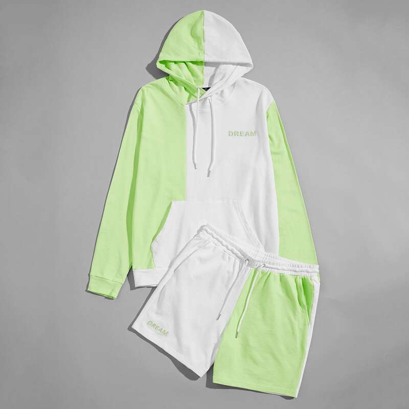 

Guys Letter Embroidery Colorblock Hoodie & Track Shorts Set, Multicolor