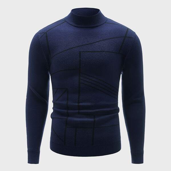 

Men Stand Collar Geo Pattern Sweater, Navy blue