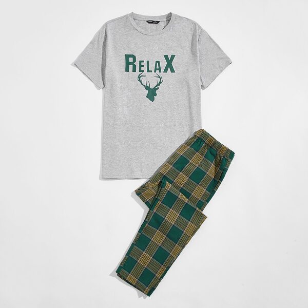 

Men Letter & Deer Print Tee and Plaid Pants PJ Set, Multicolor