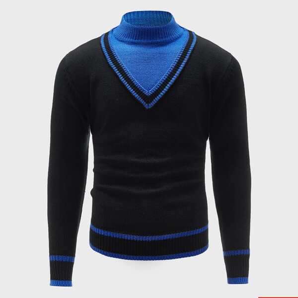 

Men Contrast Panel Funnel Neck Sweater, Black