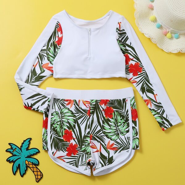 

Girls Floral & Tropical Zip-up Bikini Swimsuit, Multicolor