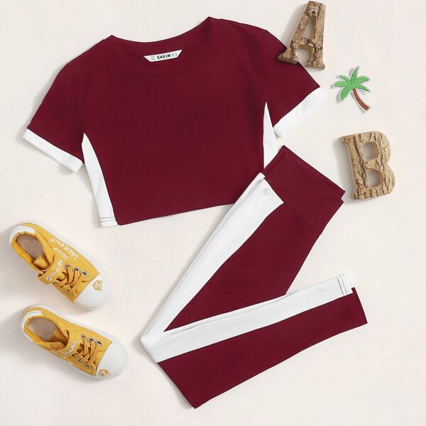 

Girls Contrast Panel Top & High-Rise Leggings Set, Burgundy