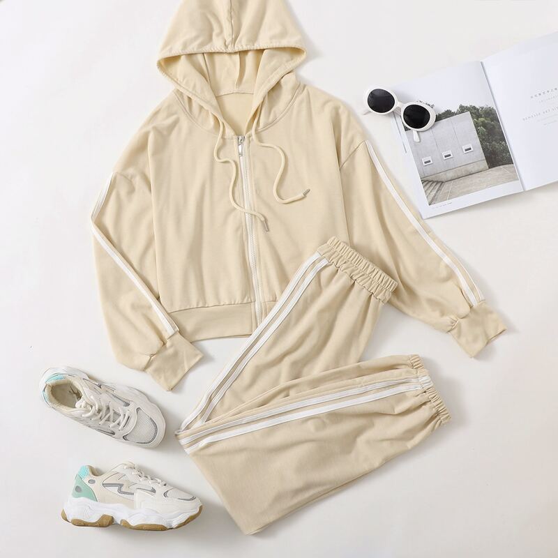 

Contrast Striped Hooded Sweatshirt & Pants, Beige