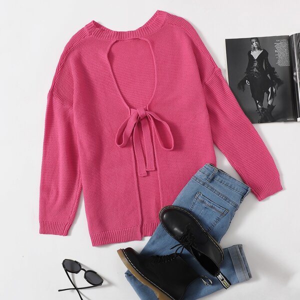 

Plus Drop Shoulder Tie Back Sweater, Hot pink