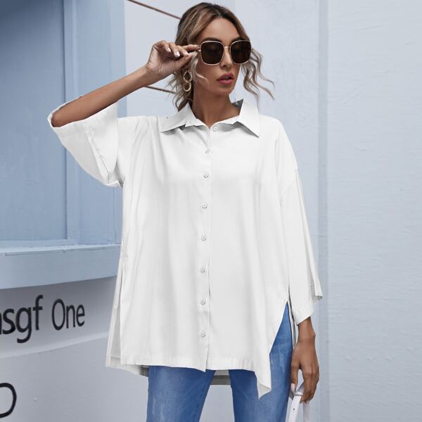 

Drop Shoulder Dip Hem Solid Oversized Blouse, White
