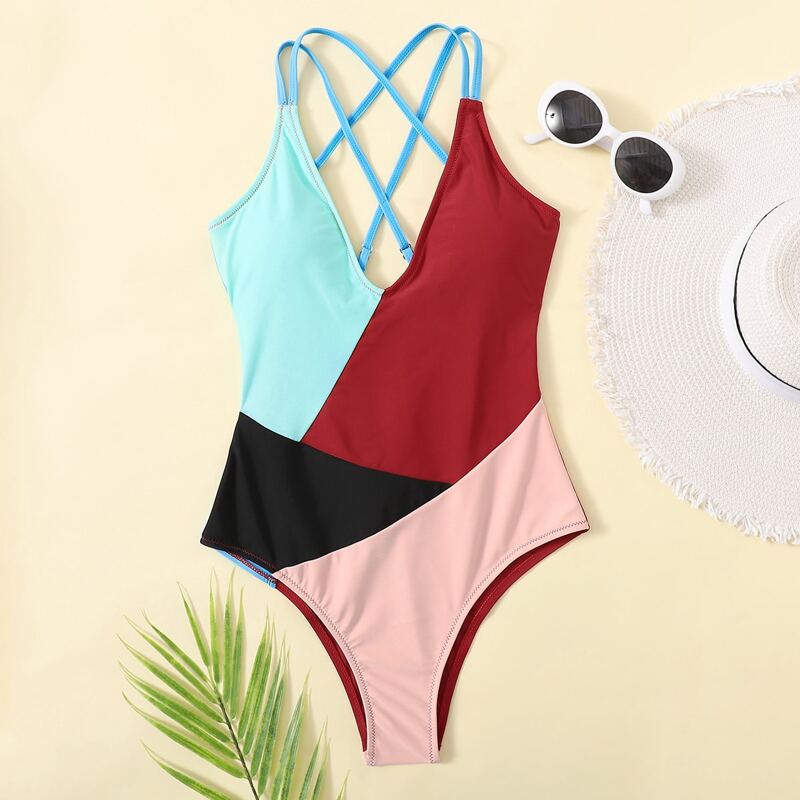 

Colorblock Crisscross Back One Piece Swimsuit, Multicolor