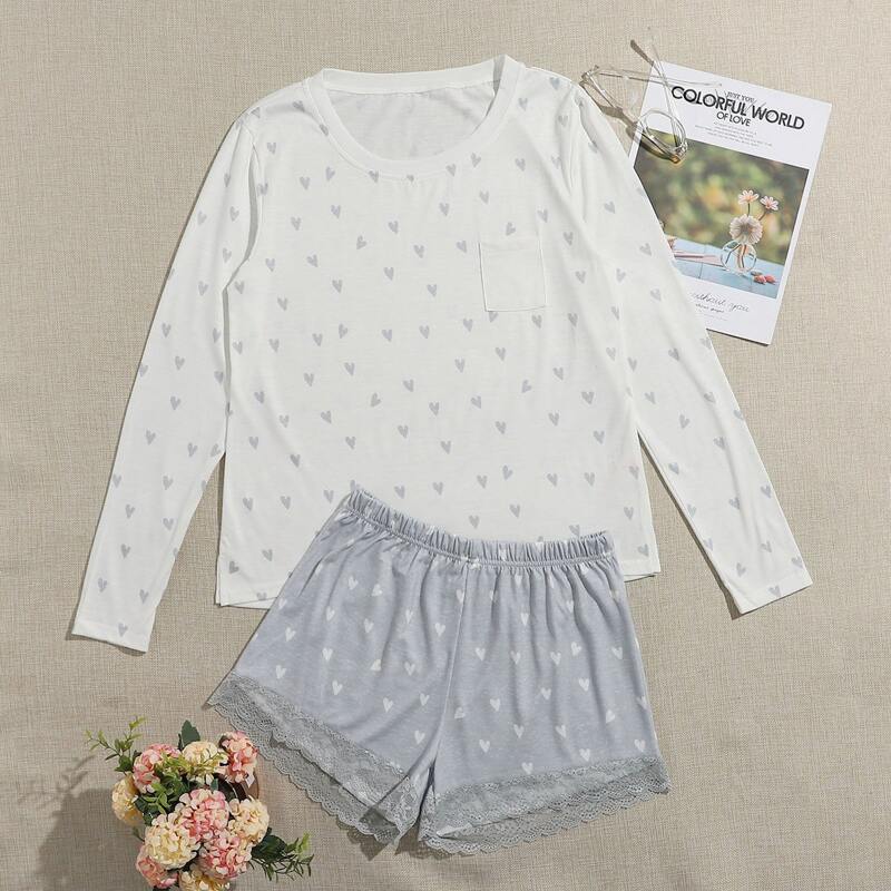 

Heart Print Lace Trim PJ Set, Multicolor