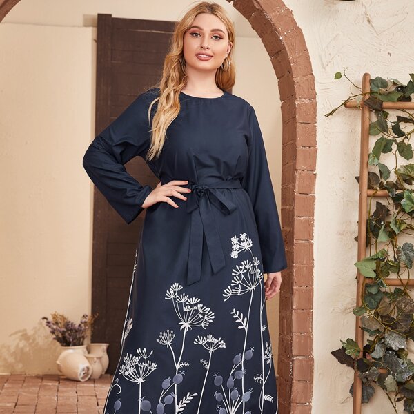 

Plus Floral Print Belted Dress, Navy blue