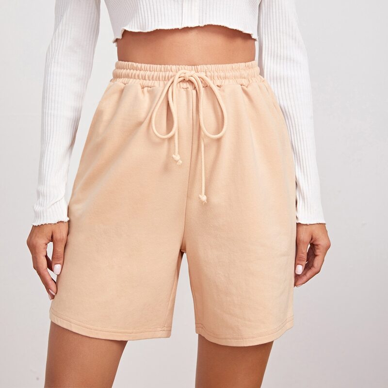 

Drawstring Waist Slant Pocket Track Shorts, Apricot