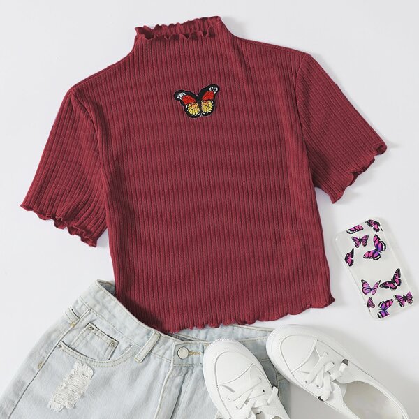 

Lettuce Trim Butterfly Patched Rib-knit Tee, Burgundy