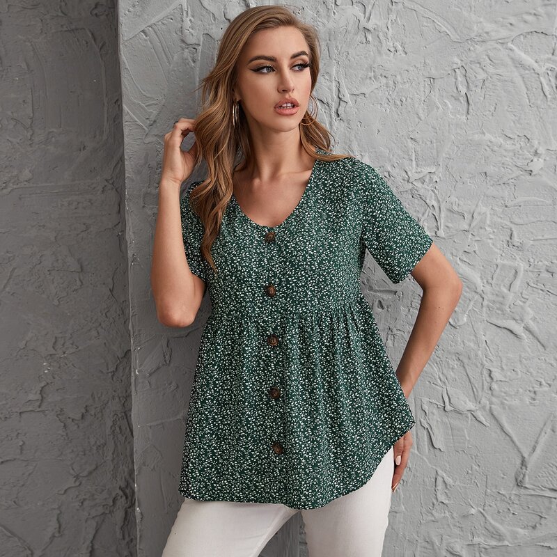 

Button Front Plants Print Smock Blouse, Dark green