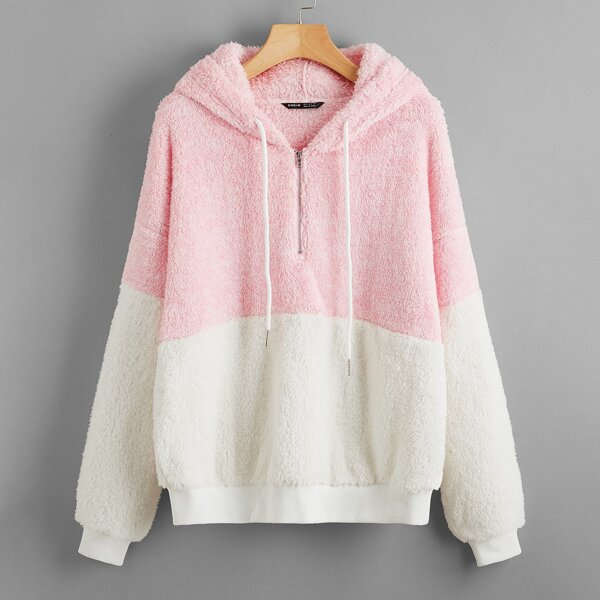

Zip Half Placket Two Tone Teddy Drawstring Hoodie, Multicolor