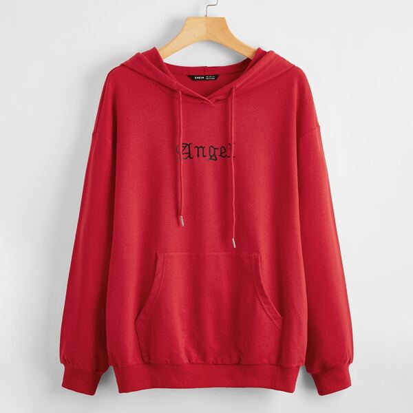 

Drop Shoulder Letter Graphic Hoodie, Red