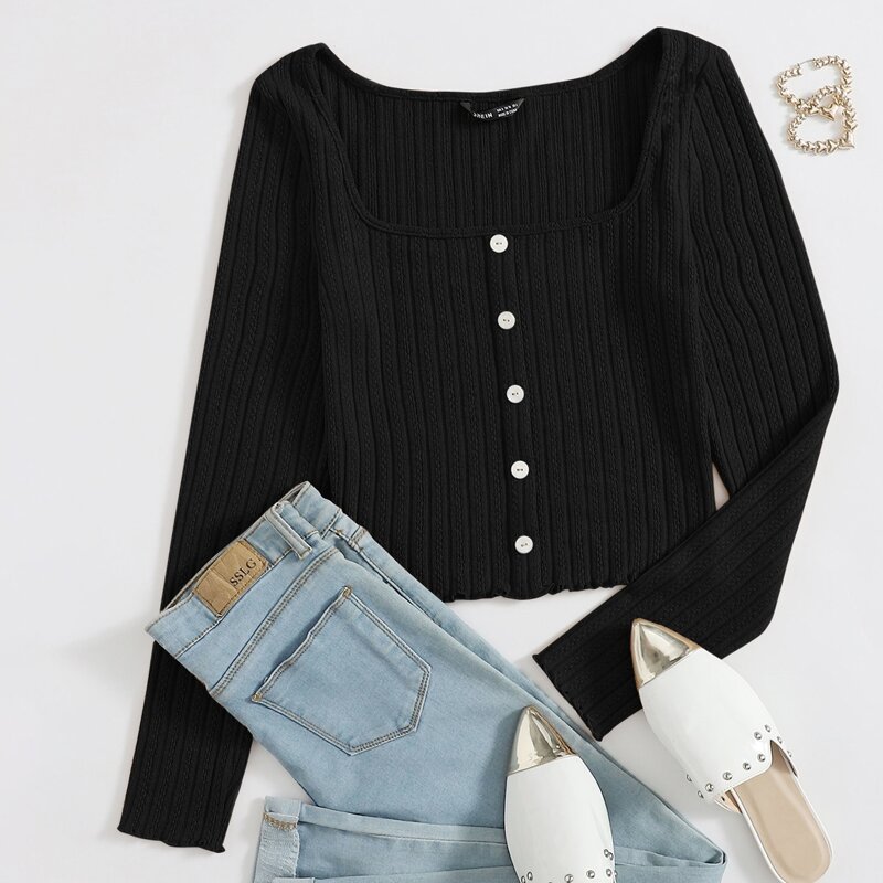 

Button Front Rib-knit Tee, Black