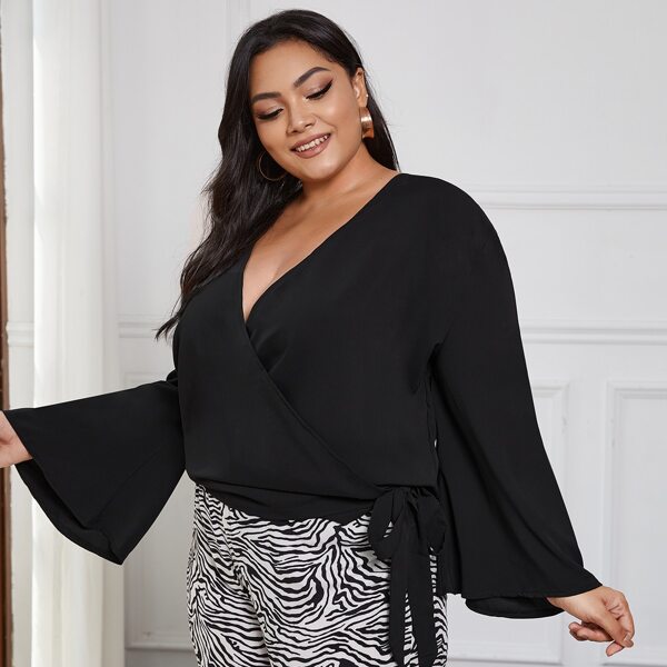 

Plus Bell Sleeve Tie Side Wrap Blouse, Black
