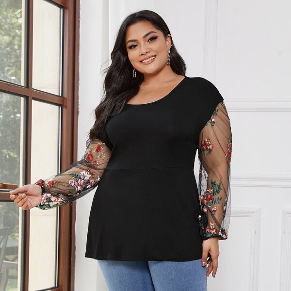 

Plus Embroidery Mesh Sleeve Peplum Blouse, Black