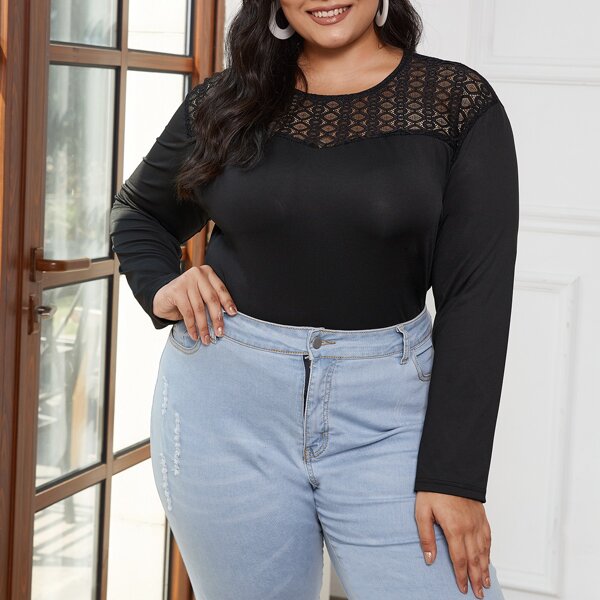 

Plus Contrast Lace Solid Tee, Black