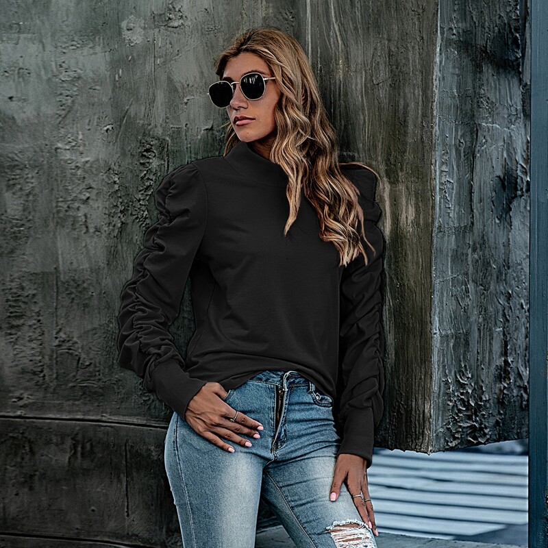 

Mock-neck Gathered Sleeve Solid Top, Black