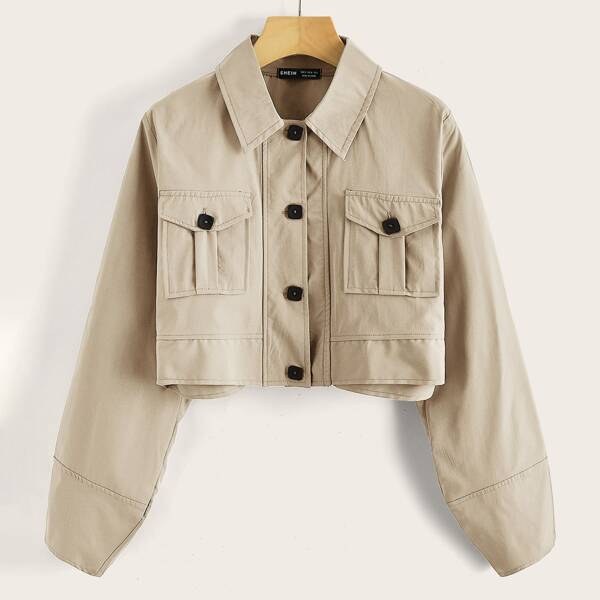 

Flap Pocket Front Button Up Crop Jacket, Beige