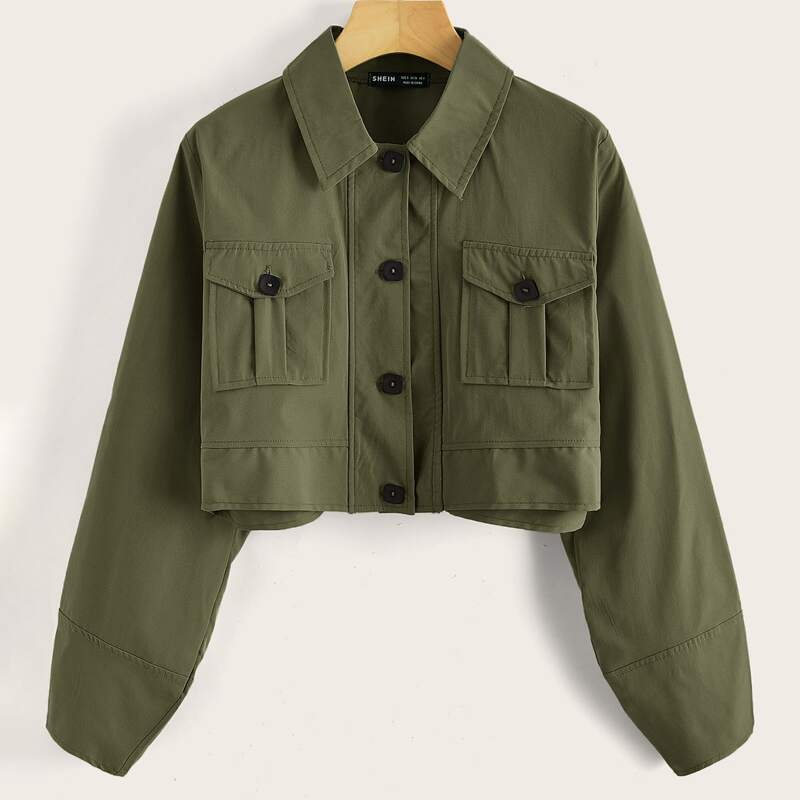 

Flap Pocket Front Button Up Crop Jacket, Army green