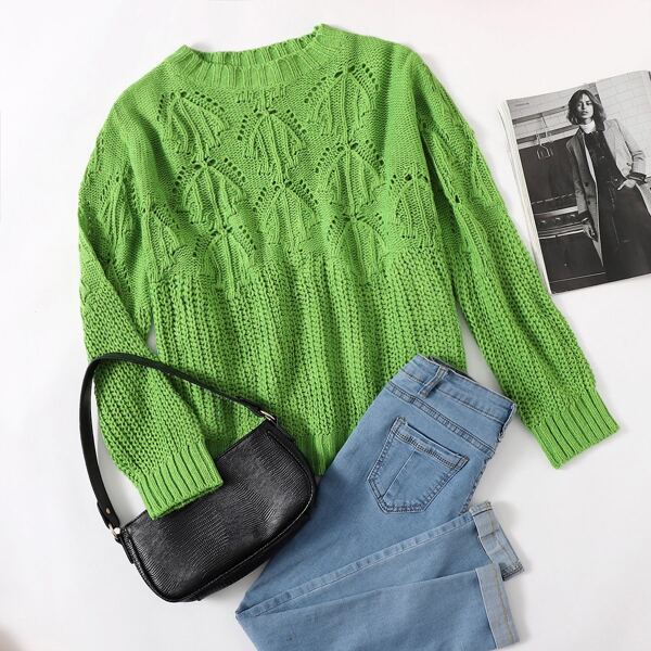 

Plus Solid Pointelle Knit Sweater, Lime green