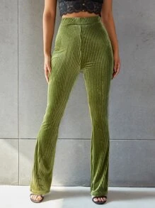 SHEIN ChicEase Solid Flare Leg Velvet Trousers - Olive Green - View 3
