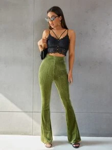 SHEIN ChicEase Solid Flare Leg Velvet Trousers - Olive Green - View 6
