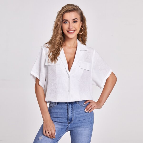 

Button Front Drop Shoulder Blouse, Beige
