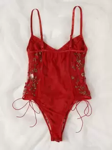 Embroidered Mesh Lace-Up Teddy Bodysuit Lingerie UnderwearOuter - Red - View 2